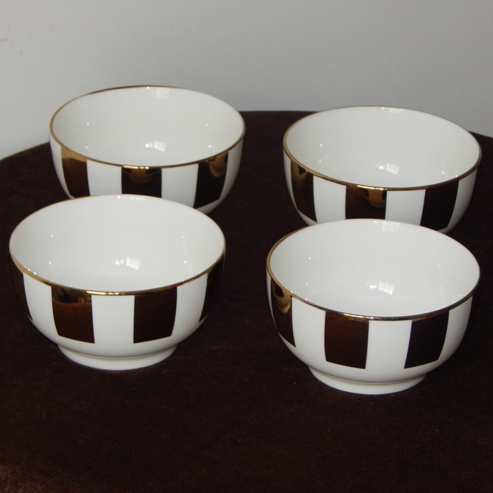TRULLO Porcelain Golden Stripes 4.5” Ice Cream Fruits Dessert Bowls Set of 4 New
